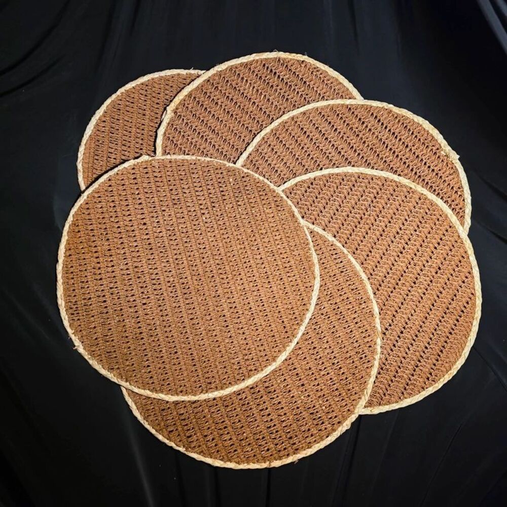 Set of 6 Round Woven Rattan Style Placemats Brown Boho Farmhouse